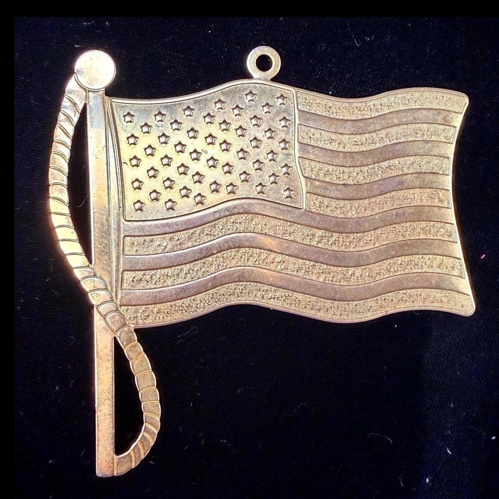 Vintage Brass Tone American Flag Ornament Waving US Flag Patriotic Holiday Decor